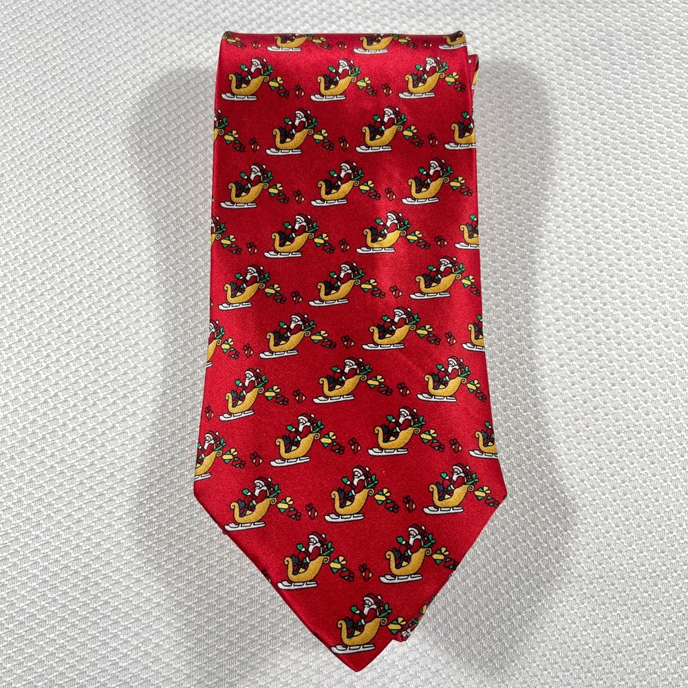 VTG Joseph & Feiss Mens Red Silk Santa Claus Sleigh Christmas Holiday Necktie